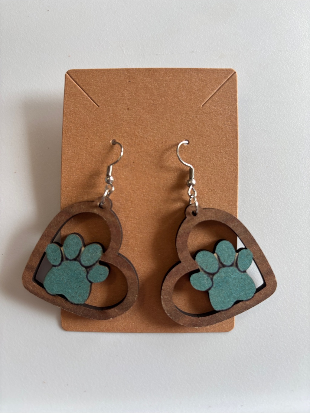 Fashion Jewelry Teal Paw Print Heart Wooden Drop Earrings